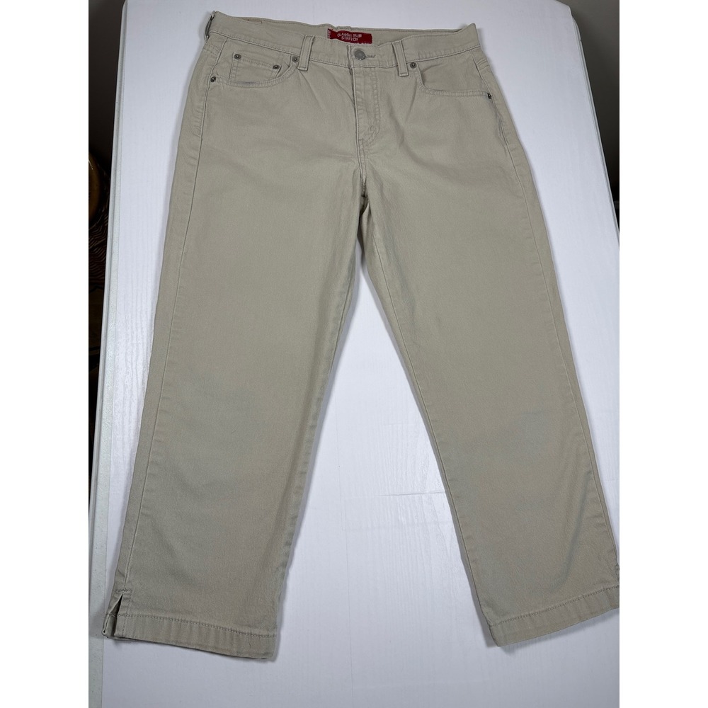 Levis Classic Slim Stretch Khaki Tan Jeans Side Slit Cropped Preppy Size 14